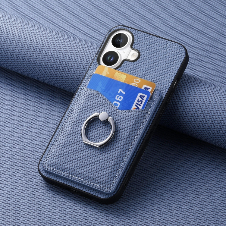 For iPhone 16 Plus Carbon Fiber Card Wallet Ring Phone Case(Blue) - iPhone 16 Plus Cases by buy2fix | Online Shopping UK | buy2fix