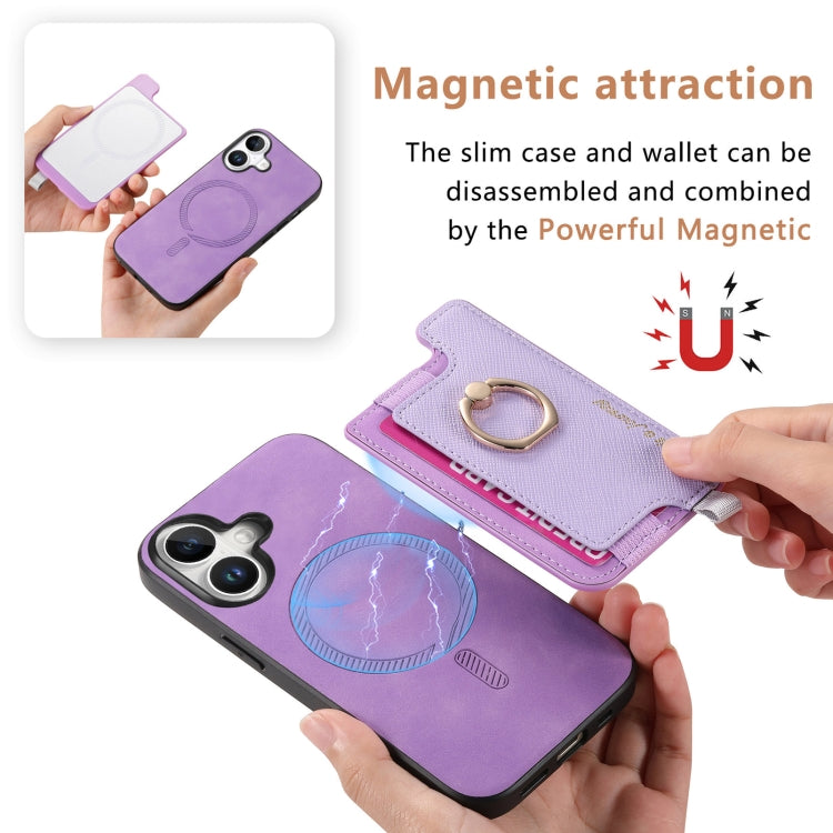 For iPhone 16 Plus Retro Magsafe Cross Leather Ring Holder Card Bag Phone Case(Purple) - iPhone 16 Plus Cases by buy2fix | Online Shopping UK | buy2fix