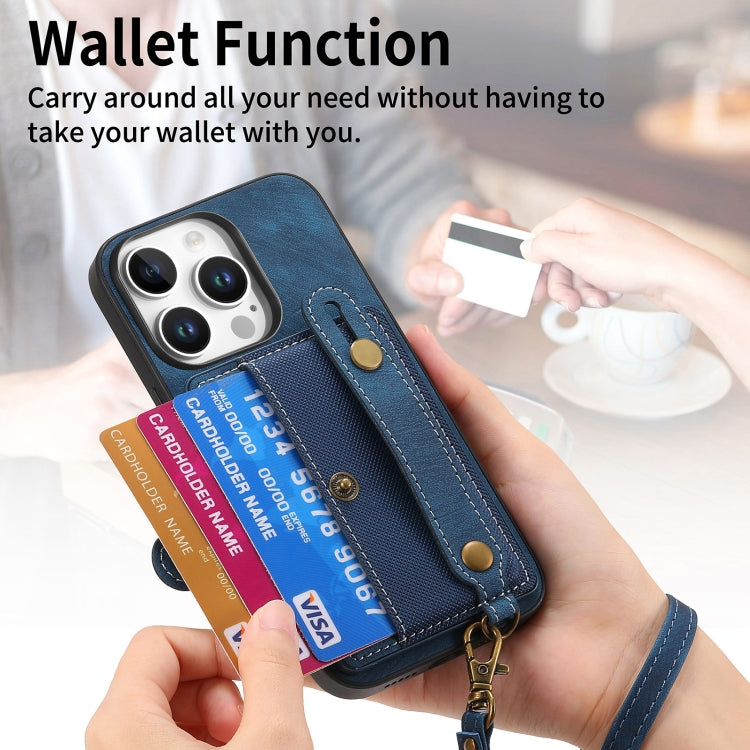 For iPhone 16 Pro Retro Cross Wristband Wallet Leather Back Phone Case(Blue) - iPhone 16 Pro Cases by buy2fix | Online Shopping UK | buy2fix