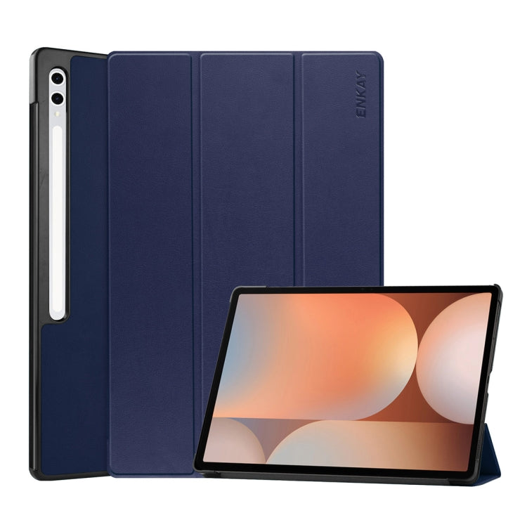 For Samsung Galaxy Tab S10 Ultra / S9 Ultra ENKAY Tri-fold Custer Texture Plastic Leather Smart Tablet Case with Pen Slot(Dark Blue) - Galaxy Tab S9 Ultra Cases by ENKAY | Online Shopping UK | buy2fix