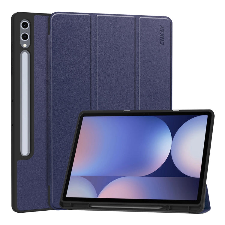 For Samsung Galaxy Tab S10 Ultra / S9 Ultra ENKAY Tri-fold Custer Texture TPU Leather Smart Tablet Case with Pen Slot(Dark Blue) - Galaxy Tab S9 Ultra Cases by ENKAY | Online Shopping UK | buy2fix