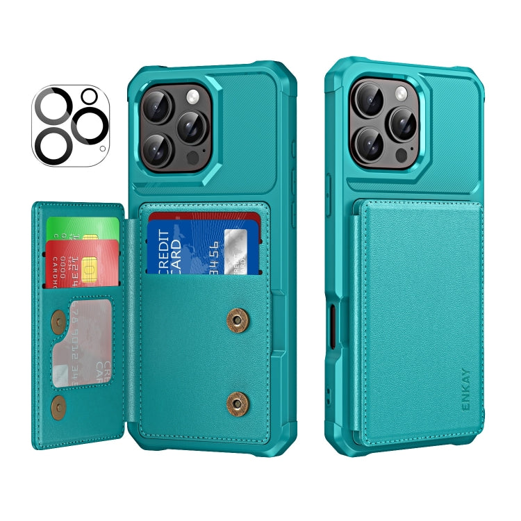 For iPhone 16 Pro ENKAY Hat-Prince Card Slot Wallet TPU Back Leather Phone Case with Lens Film(Cyan) - iPhone 16 Pro Max Cases by ENKAY | Online Shopping UK | buy2fix