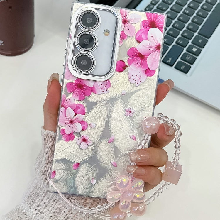 For Samsung Galaxy S25 5G Electroplating Flowers Plants Texture Wristband TPU Phone Case(Peach Blossom FL18) - Galaxy S25 5G Cases by buy2fix | Online Shopping UK | buy2fix