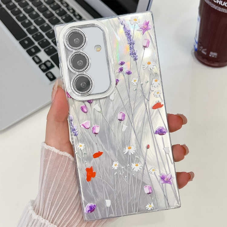 For Samsung Galaxy S25 5G Electroplating Flower Texture TPU Phone Case(Purple Wildflowers SH1) - Galaxy S25 5G Cases by buy2fix | Online Shopping UK | buy2fix