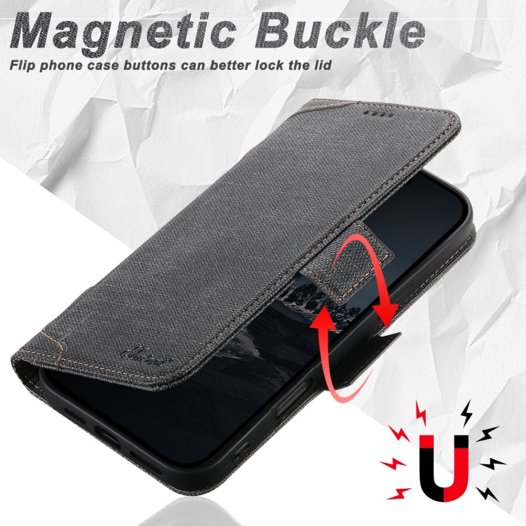 For iPhone 16 Suteni J07 Multi-functional Horizontal MagSafe Denim Leather Phone Case(Black) - iPhone 16 Cases by Suteni | Online Shopping UK | buy2fix