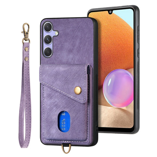 For Samsung Galaxy S25 5G Retro Card Wallet Fold Leather Phone Case with Strap(Purple) - Galaxy S25 5G Cases by buy2fix | Online Shopping UK | buy2fix