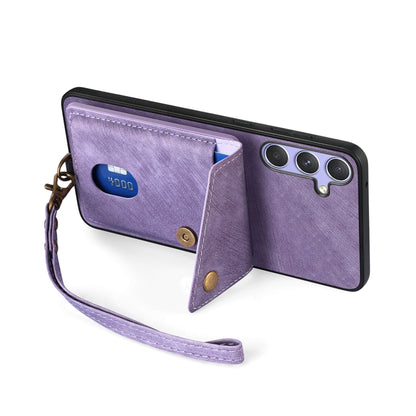 For Samsung Galaxy S25+ 5G Retro Card Wallet Fold Leather Phone Case with Strap(Purple) - Galaxy S25+ 5G Cases by buy2fix | Online Shopping UK | buy2fix