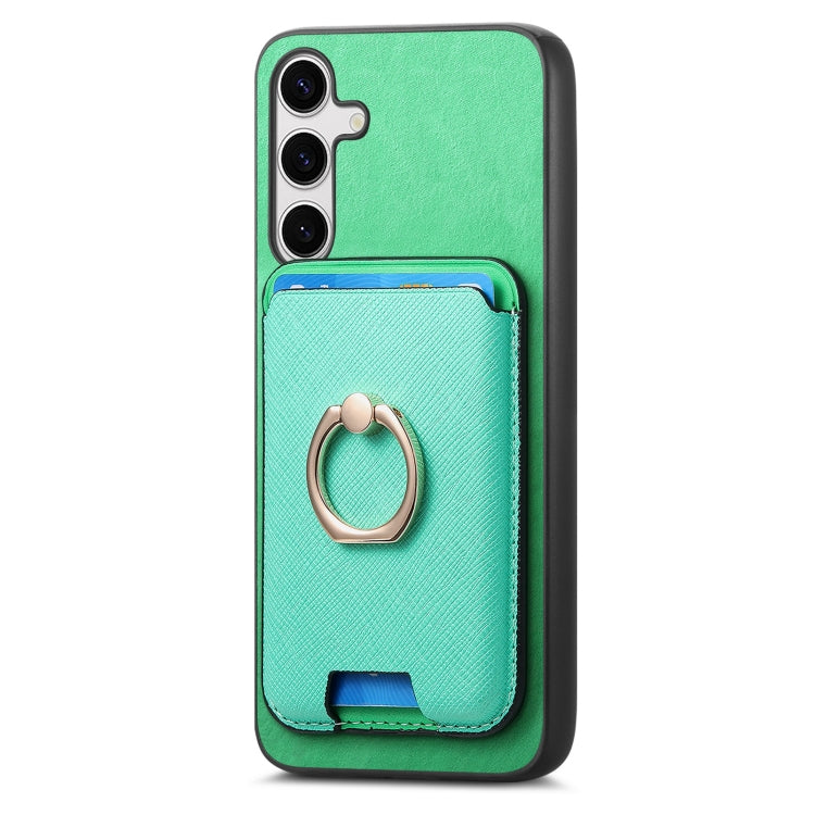 For Samsung Galaxy S25 5G Retro Cross Leather Ring Vertical Insert Card Bag MagSafe Phone Case(Green) - Galaxy S25 5G Cases by buy2fix | Online Shopping UK | buy2fix