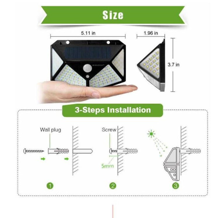 2 PCS  100 LEDs Outdoor Patio Solar Induction Wall Light Adjustable Balcony Garden Lighting Small Street Light - Solar Lights by buy2fix | Online Shopping UK | buy2fix