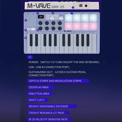 M-VAVE SMK-25 USB MIDI Keyboard Controller With 8 Back Drum Pads(White) - Keyboard Instruments by M-VAVE | Online Shopping UK | buy2fix