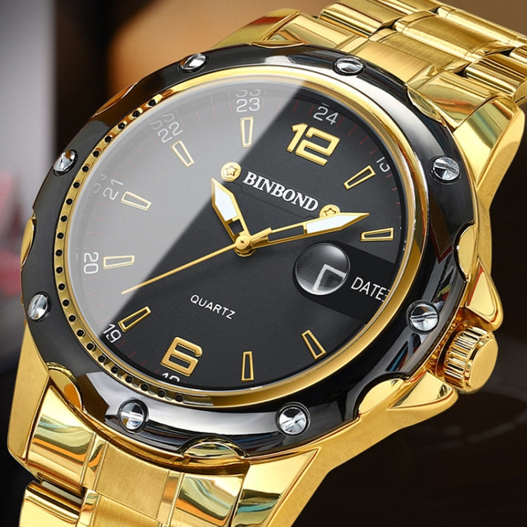 BINBOND B9696 Outdoor Calendar Luminous Waterproof Quartz Watch, Color: Full Gold-Black-Gold Nail - Metal Strap Watches by BINBOND | Online Shopping UK | buy2fix