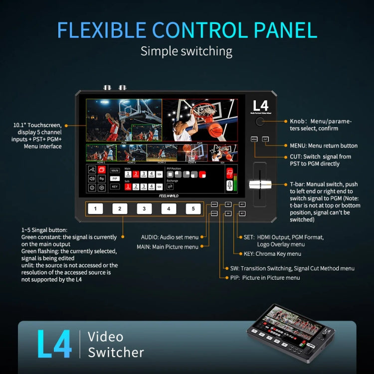 FEELWORLD L4 Multi-Camera Video Mixer Switcher 10.1" Touch Screen USB 3.0 Fast Streaming(US Plug) - On-camera Monitors by FEELWORLD | Online Shopping UK | buy2fix