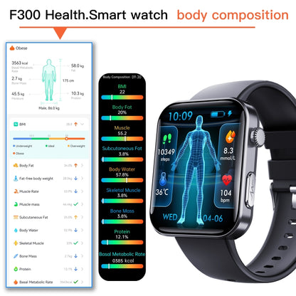 F300  2.1-Inch Screen Smart Watch Supports Bluetooth Calls/ECG/Blood Composition Analysis/50+ Sports Modes, Color: Black Silicone - Smart Watches by buy2fix | Online Shopping UK | buy2fix