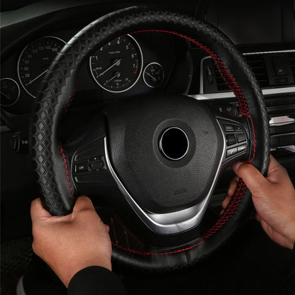 38cm Four-season Embossed Hand-sewn Cowhide Steering Wheel Cover(Wine Red) - Steering Wheel Accessories by buy2fix | Online Shopping UK | buy2fix