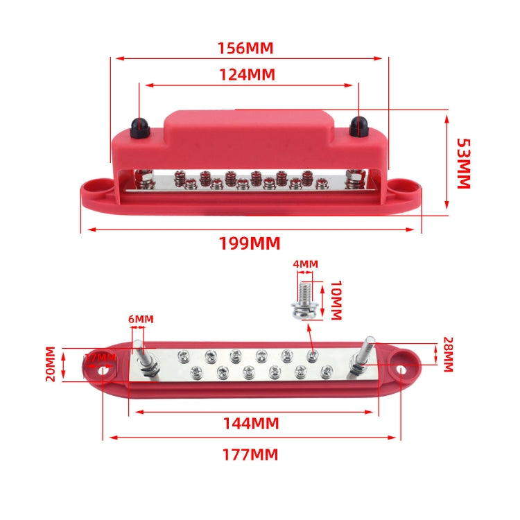 M6 2-post 12-way RV Yacht Terminal Nylon Flame Retardant Busbar, Color: Red - Fuse by buy2fix | Online Shopping UK | buy2fix