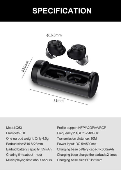 Q63 TWS Wireless Bluetooth Waterproof Earbuds 3D Stereo Earphones Headsets with Charging Base Case - TWS Earphone by buy2fix | Online Shopping UK | buy2fix