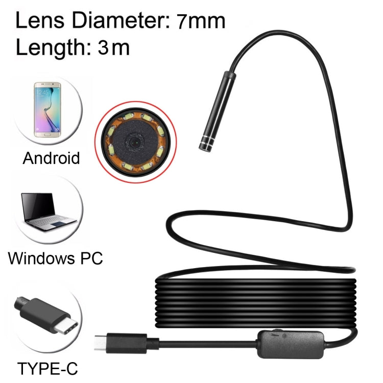 AN97 USB-C / Type-C Endoscope Waterproof IP67 Tube Inspection Camera with 8 LED & USB Adapter, Length: 3m, Lens Diameter: 7mm -  by buy2fix | Online Shopping UK | buy2fix