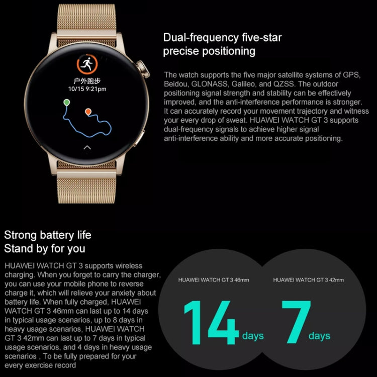 HUAWEI WATCH GT 3 Smart Watch 42mm Stainless Steel Wristband, 1.32 inch AMOLED Screen, Support Heart Rate Monitoring / GPS / 7-days Battery Life / NFC(Gold) - Wearable Devices by Huawei | Online Shopping UK | buy2fix