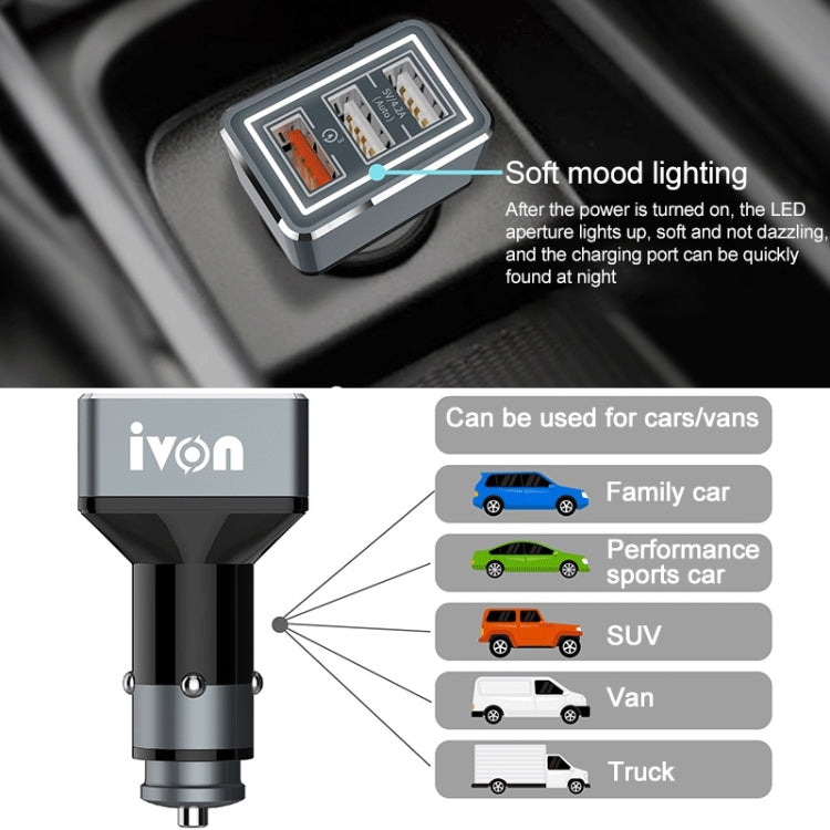 IVON CC36 39W 7.2A QC 3.0 USB + Dual USB Car Charger with Ambient Light - Car Charger by IVON | Online Shopping UK | buy2fix