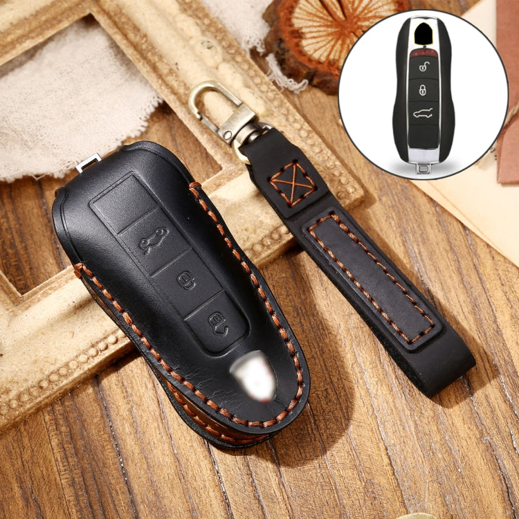 Hallmo Car Cowhide Leather Key Protective Cover Key Case for Porsche Macan 718 2021 A Style(Black) - Car Key Cases by Hallmo | Online Shopping UK | buy2fix