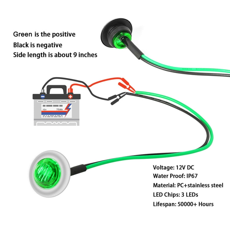 10 PCS MK-118 3/4 inch Metal Frame Car / Truck 3LEDs Side Marker Indicator Lights Bulb Lamp (Green Light) - In Car by buy2fix | Online Shopping UK | buy2fix