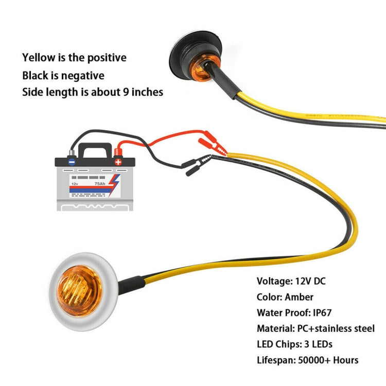 10 PCS MK-118 3/4 inch Metal Frame Car / Truck 3LEDs Side Marker Indicator Lights Bulb Lamp (Yellow Light) - In Car by buy2fix | Online Shopping UK | buy2fix