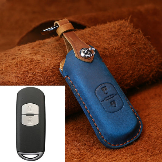 For Mazda Old Style Car Cowhide Leather Key Protective Cover Key Case, Two Keys Version (Blue) - In Car by buy2fix | Online Shopping UK | buy2fix