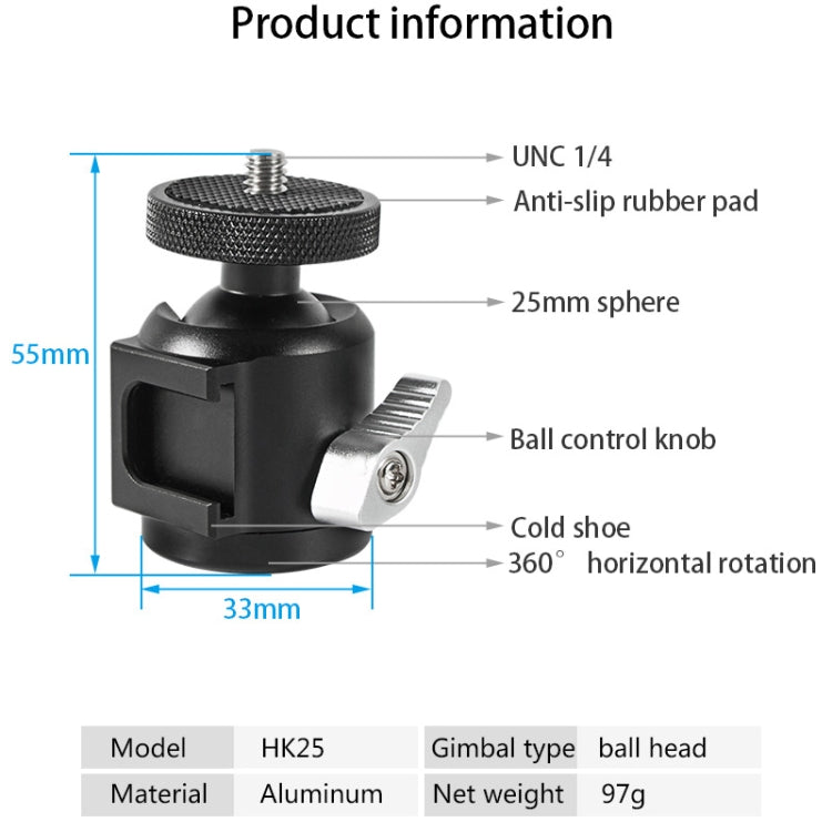 BEXIN HK25 Aluminum Alloy Cold Shoe Tripod Adapter Ball Head (Black) - Tripod Heads by BEXIN | Online Shopping UK | buy2fix