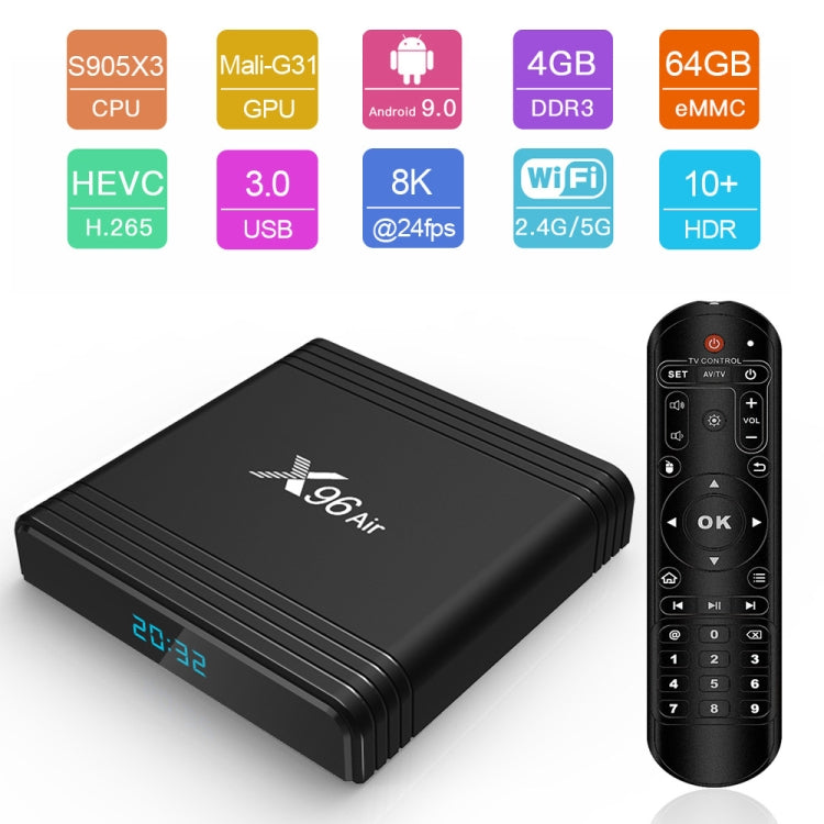 X96 Air 8K Smart TV BOX Android 9.0 Media Player with Remote Control, Quad-core Amlogic S905X3, RAM: 4GB, ROM: 64GB, Dual Band WiFi, Bluetooth, UK Plug - Consumer Electronics by buy2fix | Online Shopping UK | buy2fix