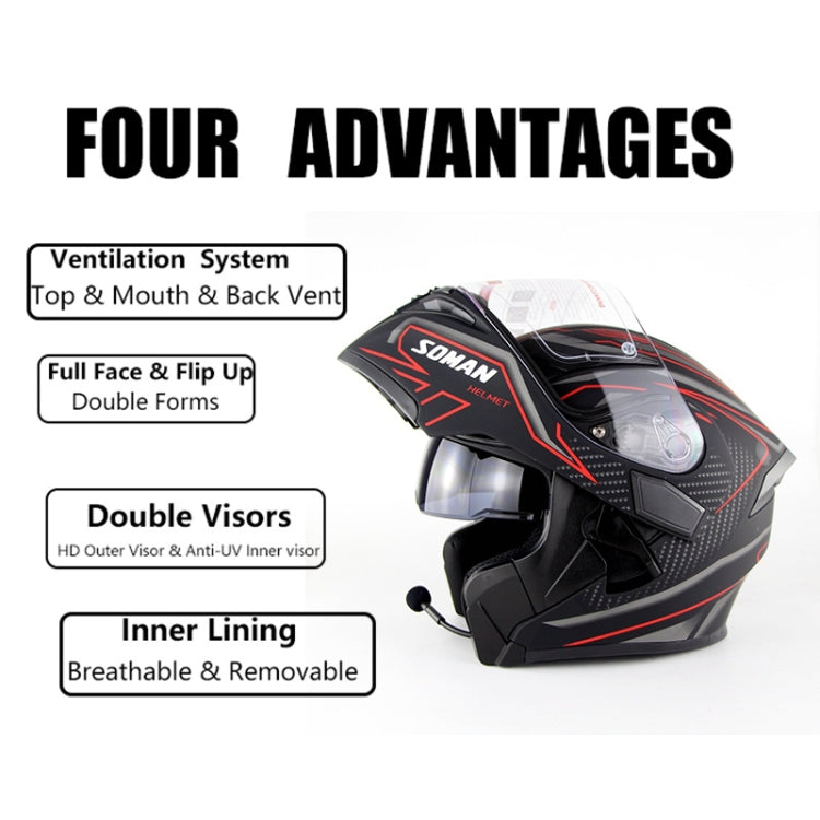 Soman 955 Skyeye Motorcycle Full / Open Face Bluetooth Helmet Headset Full Face, Supports Answer / Hang Up Calls(Black Red) - Helmets by SOMAN | Online Shopping UK | buy2fix