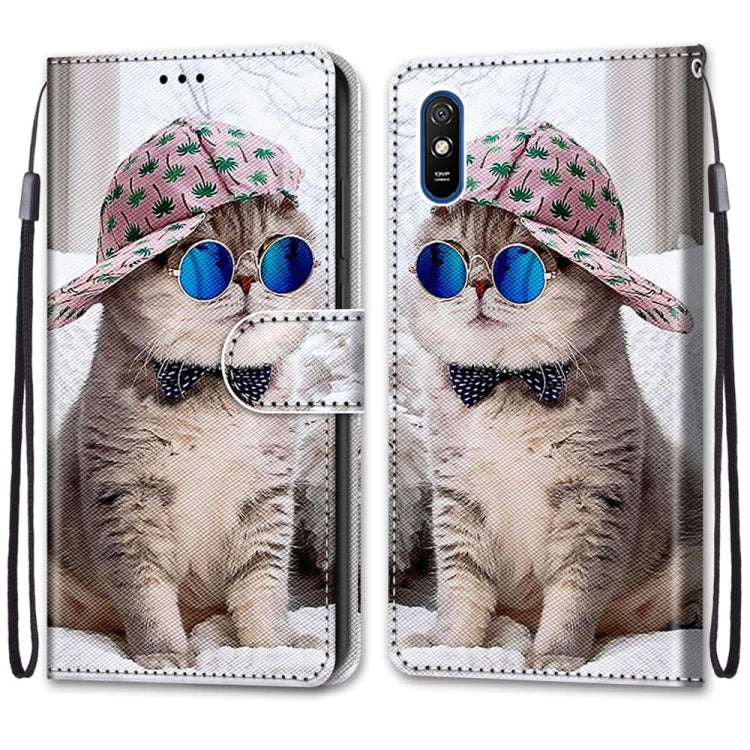 For Xiaomi Redmi 9A Coloured Drawing Cross Texture Horizontal Flip PU Leather Case with Holder & Card Slots & Wallet & Lanyard(Slant Hat Blue Mirror Cat) - Xiaomi Cases by buy2fix | Online Shopping UK | buy2fix