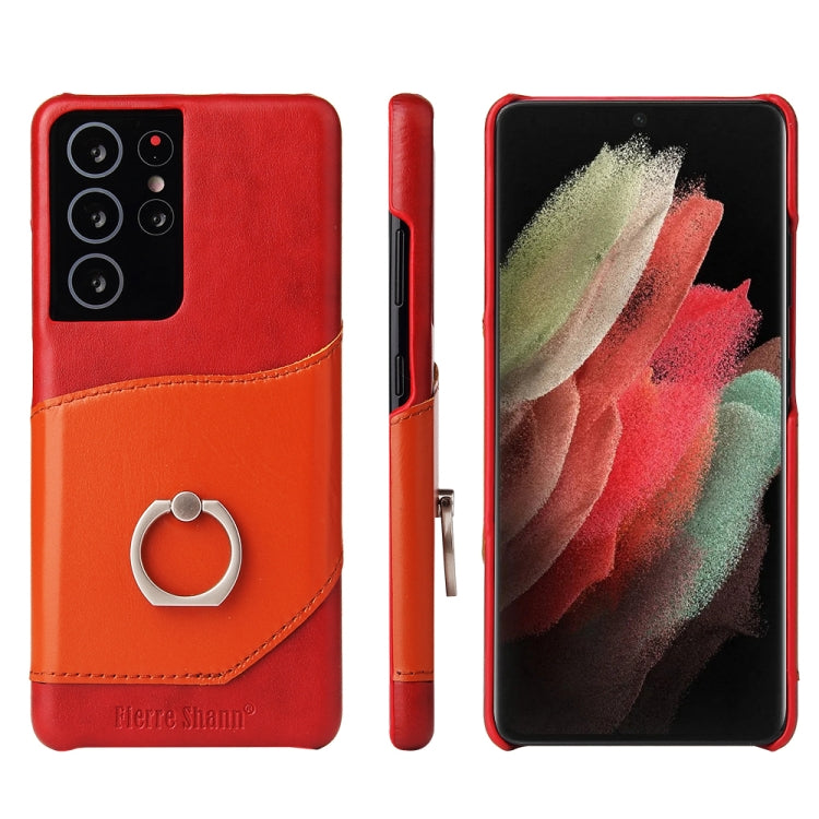 For Samsung Galaxy S21 Ultra 5G Fierre Shann Oil Wax Texture Genuine Leather Back Cover Case with 360 Degree Rotation Holder & Card Slot(Red) - Galaxy S21 Ultra 5G Cases by FIERRE SHANN | Online Shopping UK | buy2fix