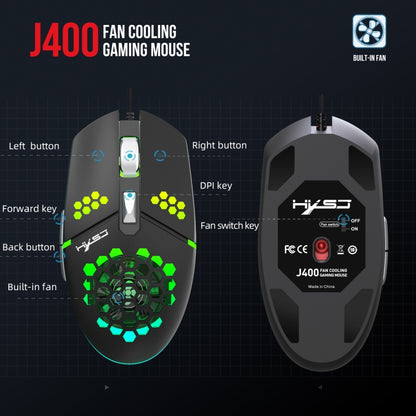 HXSJ J400 6 Keys 8000DPI RGB Light Fan Cooling Gaming Wired Mouse - Wired Mice by HXSJ | Online Shopping UK | buy2fix