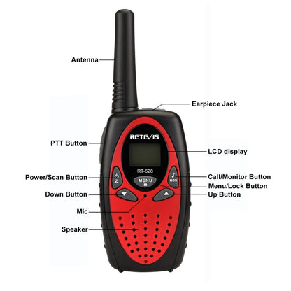 1 Pair RETEVIS RT628 0.5W US Frequency 462.550-467.7125MHz 22CHS Handheld Children Walkie Talkie(Red) - Children by RETEVIS | Online Shopping UK | buy2fix