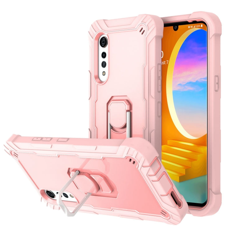 For LG Velvet PC + Rubber 3-layers Shockproof Protective Case with Rotating Holder(Rose Gold) - Mobile Accessories by buy2fix | Online Shopping UK | buy2fix