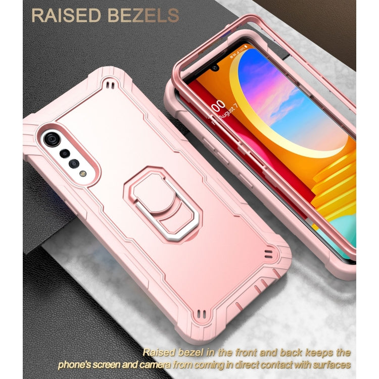 For LG Velvet PC + Rubber 3-layers Shockproof Protective Case with Rotating Holder(Rose Gold) - Mobile Accessories by buy2fix | Online Shopping UK | buy2fix