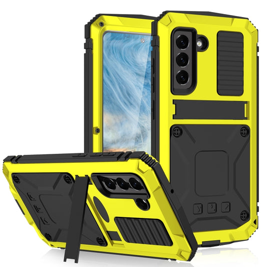 For Samsung Galaxy S21 FE R-JUST Shockproof Waterproof Dust-proof Metal + Silicone Protective Case with Holder(Yellow) - Galaxy Phone Cases by R-JUST | Online Shopping UK | buy2fix