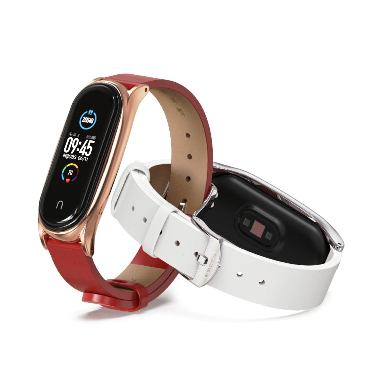 For Xiaomi Mi Band 6 / 5 / 4 / 3 Mijobs Metal Case Crazy Horse Texture PU Microfiber Plus Watch Band(Red Rose Gold) - Watch Bands by MIJOBS | Online Shopping UK | buy2fix