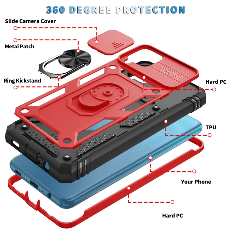For Samsung Galaxy A12 Sliding Camera Cover Design TPU + PC Protective Case with 360 Degree Rotating Holder & Card Slot(Red+Black) - Samsung Accessories by buy2fix | Online Shopping UK | buy2fix