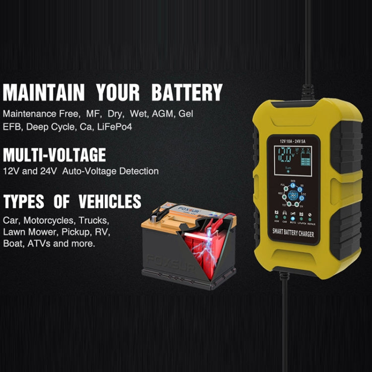 FOXSUR 10A 12V 7-segment Motorcycle / Car Smart Battery Charger, Plug Type:US Plug(Yellow) - In Car by FOXSUR | Online Shopping UK | buy2fix