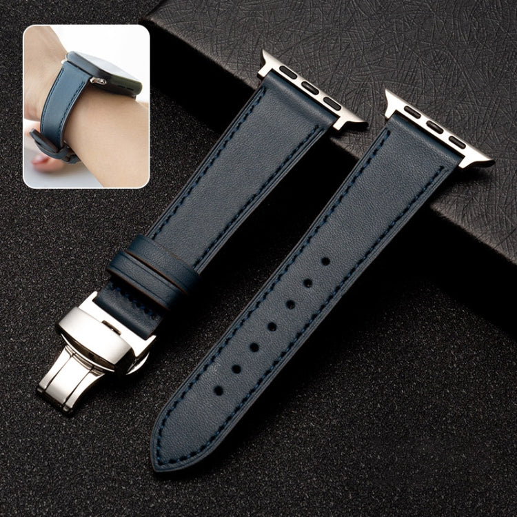 Butterfly Clasp  Top Layer Cowhide Leather Strap Watch Band For Apple Watch Ultra 49mm / Series 8&7 45mm / SE 2&6&SE&5&4 44mm / 3&2&1 42mm(Blue) - Watch Bands by buy2fix | Online Shopping UK | buy2fix