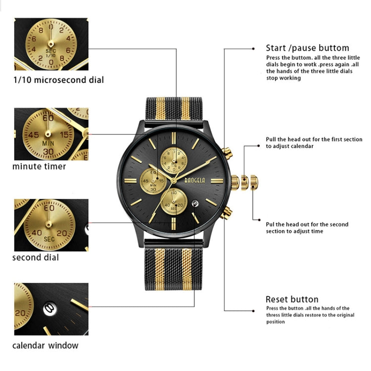 BAOGELA 1611 Small Three-pin Luminous Chronograph Calendar Quartz Watch For Men(Black and Black Gold) - Metal Strap Watches by BAOGELA | Online Shopping UK | buy2fix