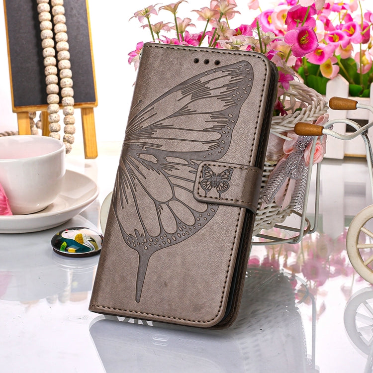 For Samsung Galaxy S22 Ultra 5G Embossed Butterfly Leather Phone Case with Holder & Card Slot & Wallet & Lanyard(Grey) - Samsung Accessories by buy2fix | Online Shopping UK | buy2fix