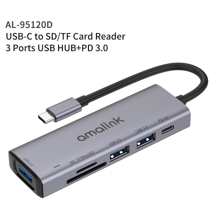 amalink 95120D Type-C / USB-C to SD/TF + 3 Ports USB + PD 3.0 Multi-function HUB (Grey) - USB HUB by amalink | Online Shopping UK | buy2fix