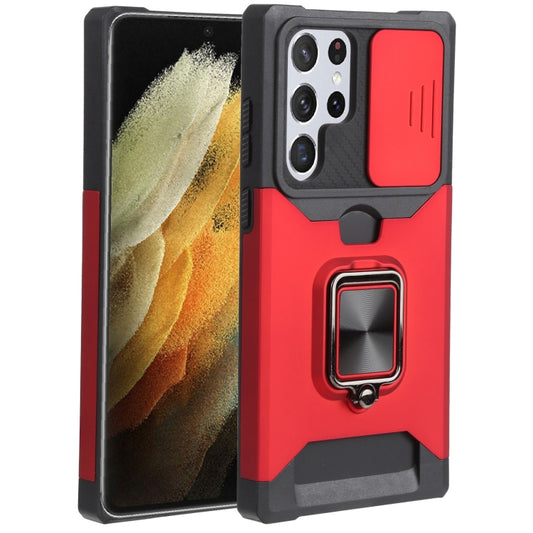 For Samsung Galaxy S22 Ultra 5G Sliding Camera Cover Design PC + TPU Shockproof Phone Case with Ring Holder & Card Slot(Red) - Samsung Accessories by buy2fix | Online Shopping UK | buy2fix