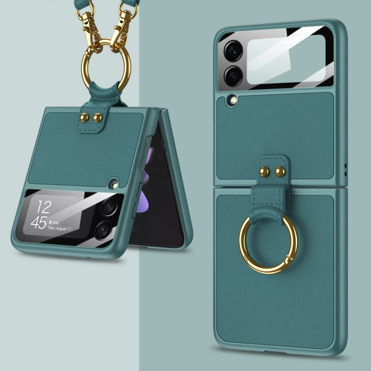 For Samsung Galaxy Z Flip3 5G GKK Ultra-thin PC + PU Phone Case with Ring & Strap(Dark Green) - Galaxy Phone Cases by GKK | Online Shopping UK | buy2fix