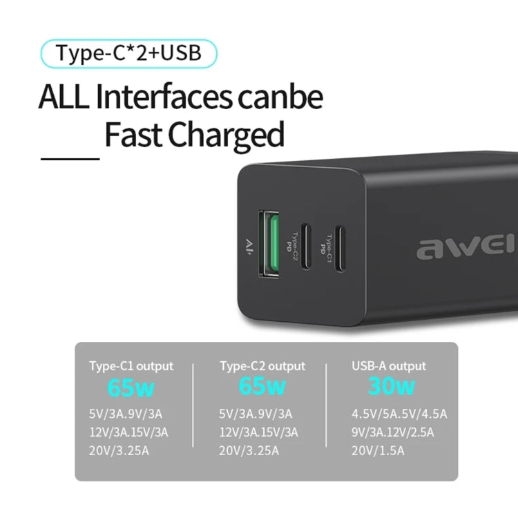 awei PD9 65W Dual Type-C / USB-C + USB GaN Fast Charging Travel Charger, EU Plug(White) - Apple Accessories by awei | Online Shopping UK | buy2fix