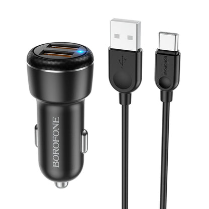 Borofone BZ17 Dual USB Ports QC3.0 Car Charger with Type-C / USB-C Charging Cable(Black) - In Car by Borofone | Online Shopping UK | buy2fix