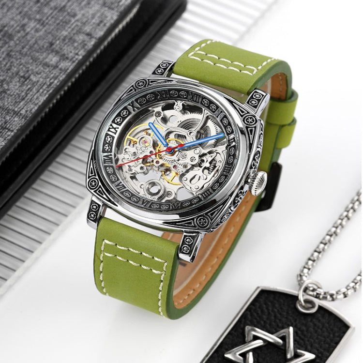 SKMEI 9271 Stainless Steel Buckle Leather Strap Waterproof Mechanical Watch(Green) - Leather Strap Watches by SKMEI | Online Shopping UK | buy2fix