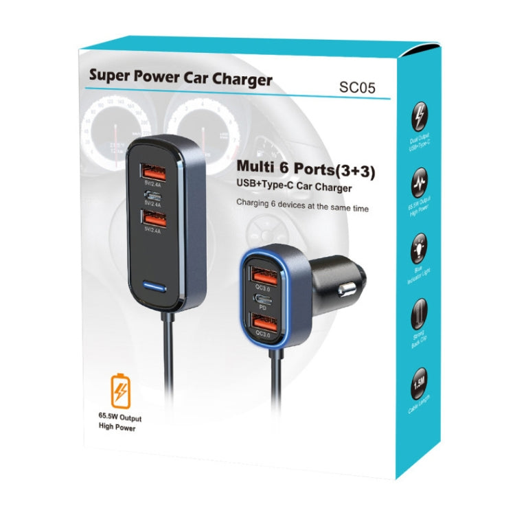 SC05 65.5W 6 in 1 PD / QC3.0 Fast Charge Extended Car Charger - In Car by buy2fix | Online Shopping UK | buy2fix